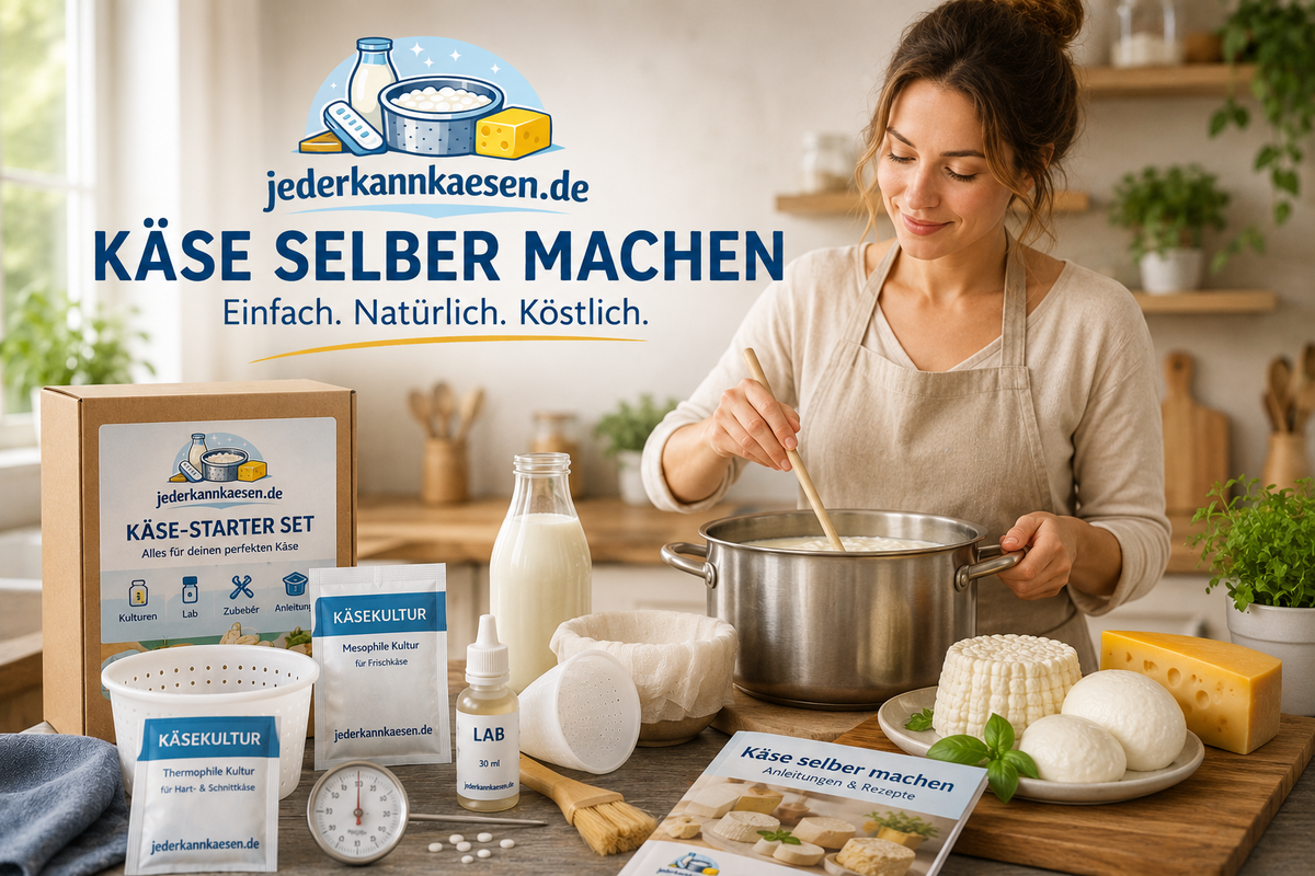 Frau rührt Milch in einem Edelstahltopf zur Käseherstellung. Daneben stehen Käse-Starter-Set, Kulturen, Lab, Käseformen und frischer Käse. Werbemotiv für „jederkannkaesen.de – Käse selber machen“.