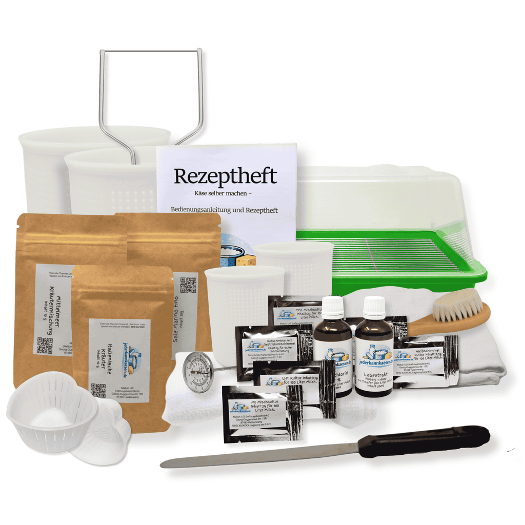 Profi Käse selber machen Starter Set XXL mit umfangreichem Zubehör für die Herstellung von Weichkäse, Schnittkäse und Hartkäse.