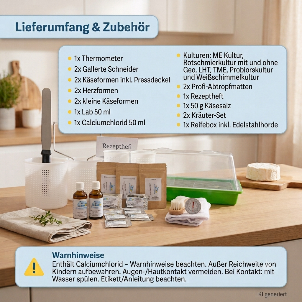 Profi Käse selber machen Starter Set XXL mit umfangreichem Zubehör für die Herstellung von Weichkäse, Schnittkäse und Hartkäse.