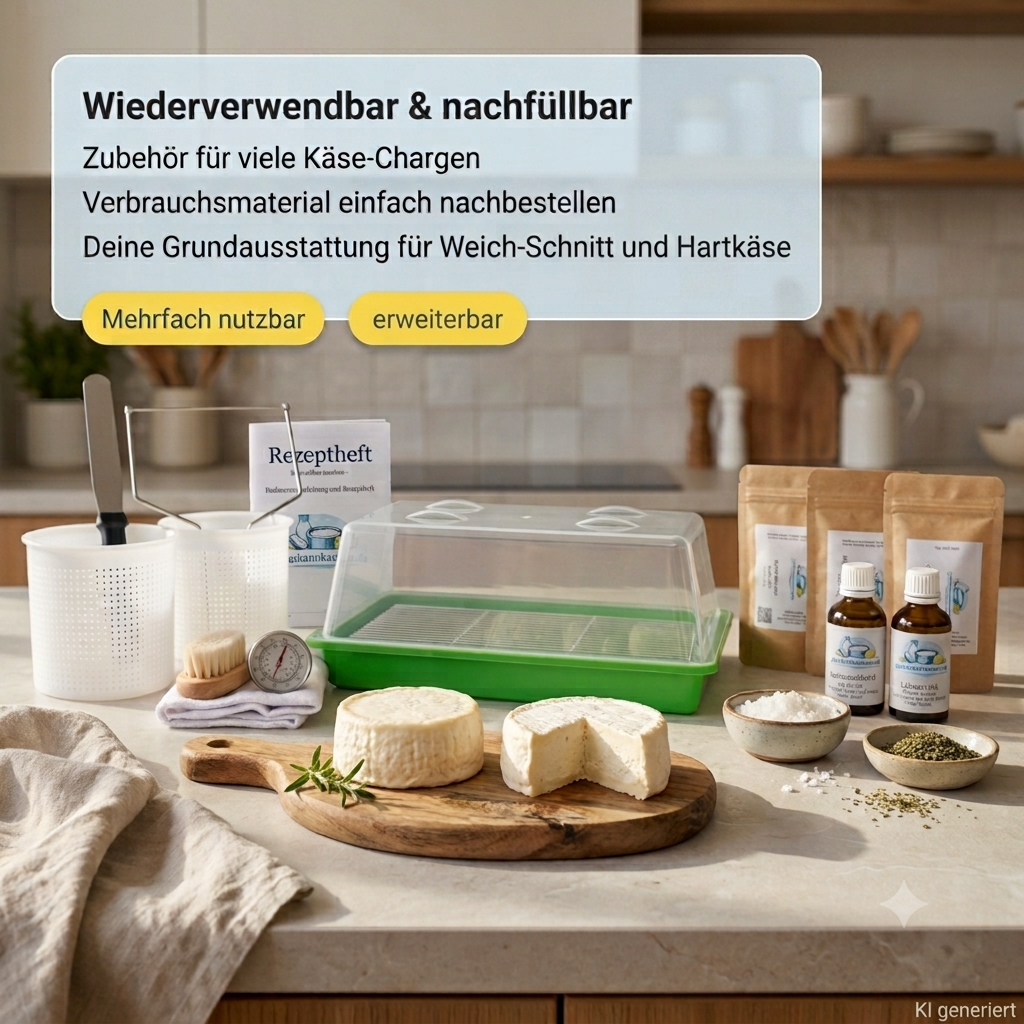 Profi Käse selber machen Starter Set XXL mit umfangreichem Zubehör für die Herstellung von Weichkäse, Schnittkäse und Hartkäse.